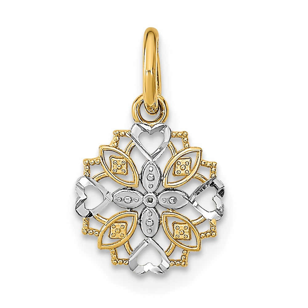 10K Gelb mit Rhodium 10K Ausgeschnitten Herz Kante Blume Charm