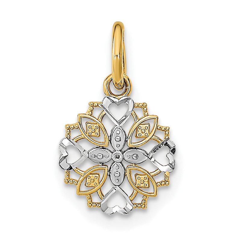 10K Gelb mit Rhodium 10K Ausgeschnitten Herz Kante Blume Charm