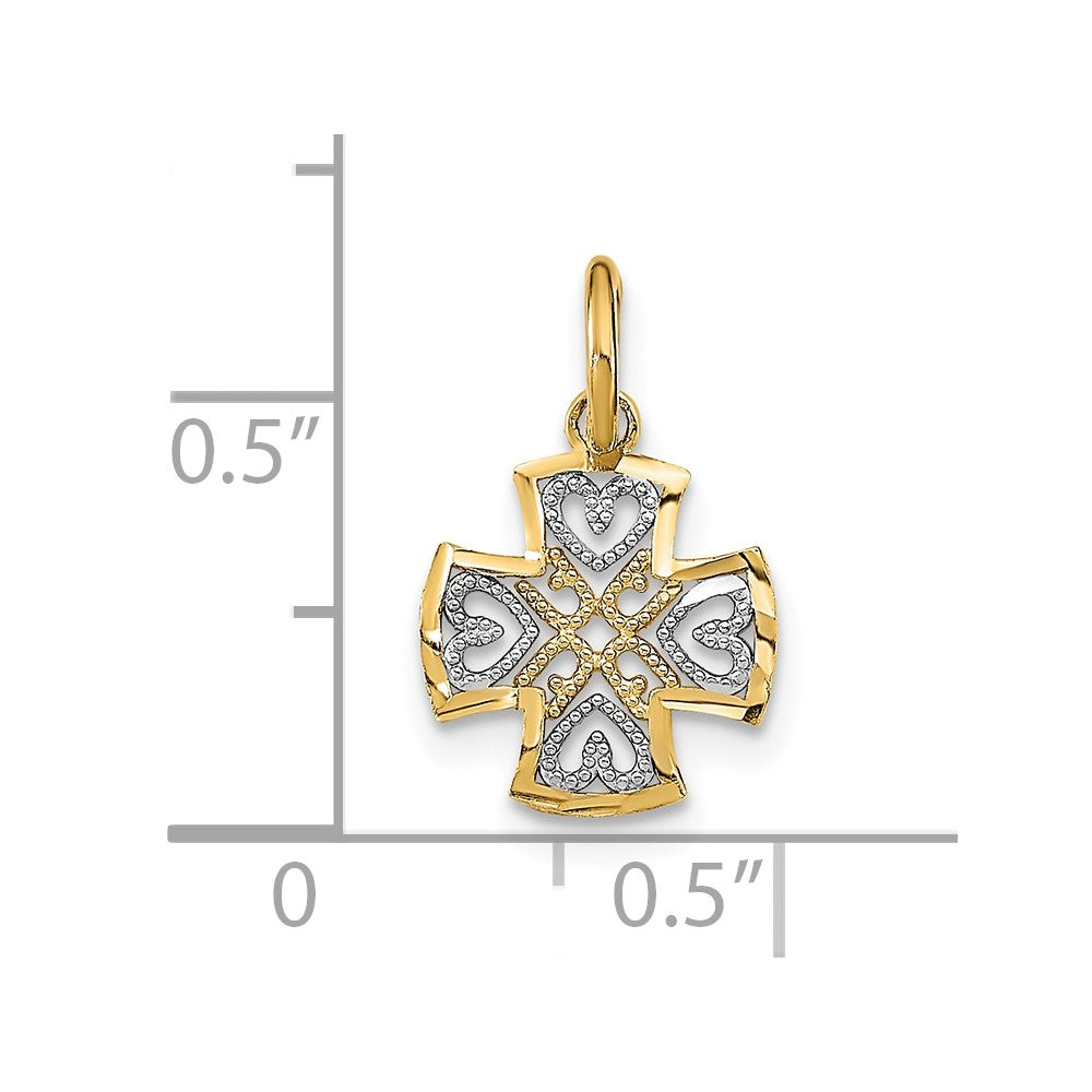 10K Gelb mit Rhodium 10K und Diamantiert Herzen in Kreuz Charm
