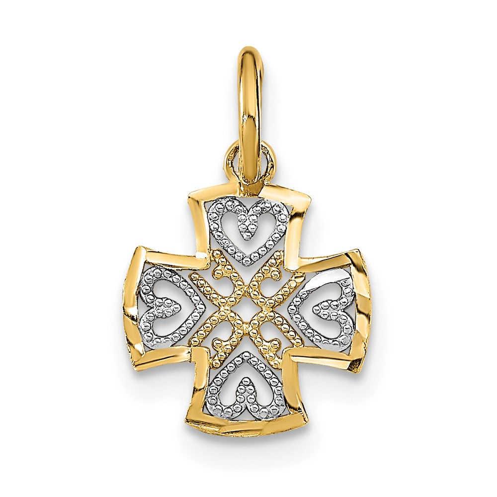 10K Gelb mit Rhodium 10K und Diamantiert Herzen in Kreuz Charm