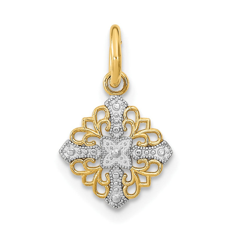 10K Gelb mit Rhodium 10K Mini Kreuz Medallion Charm