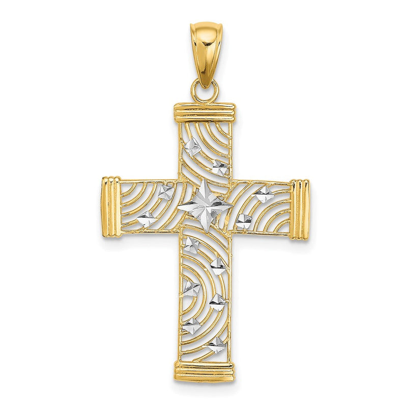 10K Gelb mit Rhodium 10K mit Rhodium Diamantiert und Ausgeschnitten Kreuz Charm
