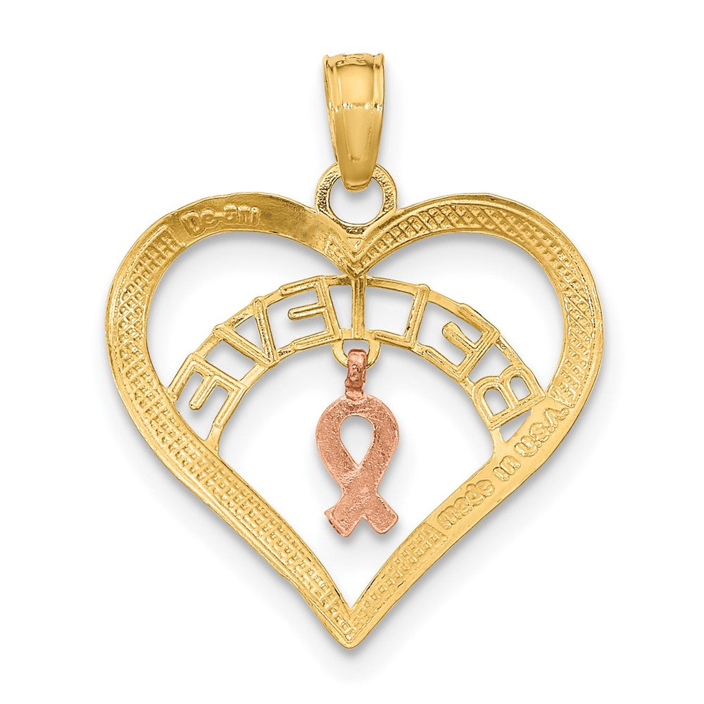 10K Bicolor mit Weiß Rhodium Glaube in Herz mit Breast Cancer Schleife