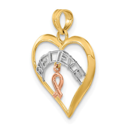 10K Bicolor mit Weiß Rhodium Glaube in Herz mit Breast Cancer Schleife
