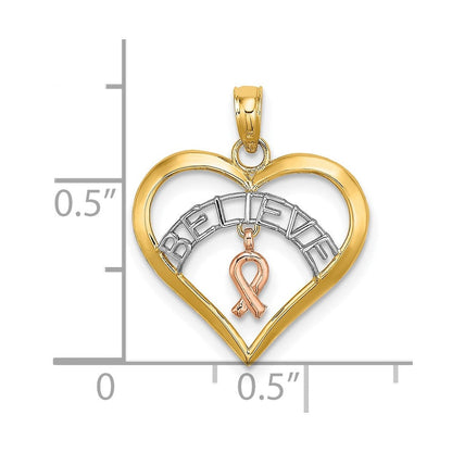 10K Bicolor mit Weiß Rhodium Glaube in Herz mit Breast Cancer Schleife