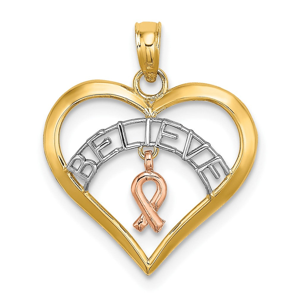 10K Bicolor mit Weiß Rhodium Glaube in Herz mit Breast Cancer Schleife