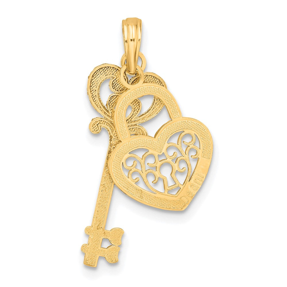 10K Gelb mit Rhodium & Filigran Herz Schloss und Key Anhänger