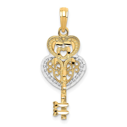 10K Gelb mit Rhodium & Filigran Herz Schloss und Key Anhänger