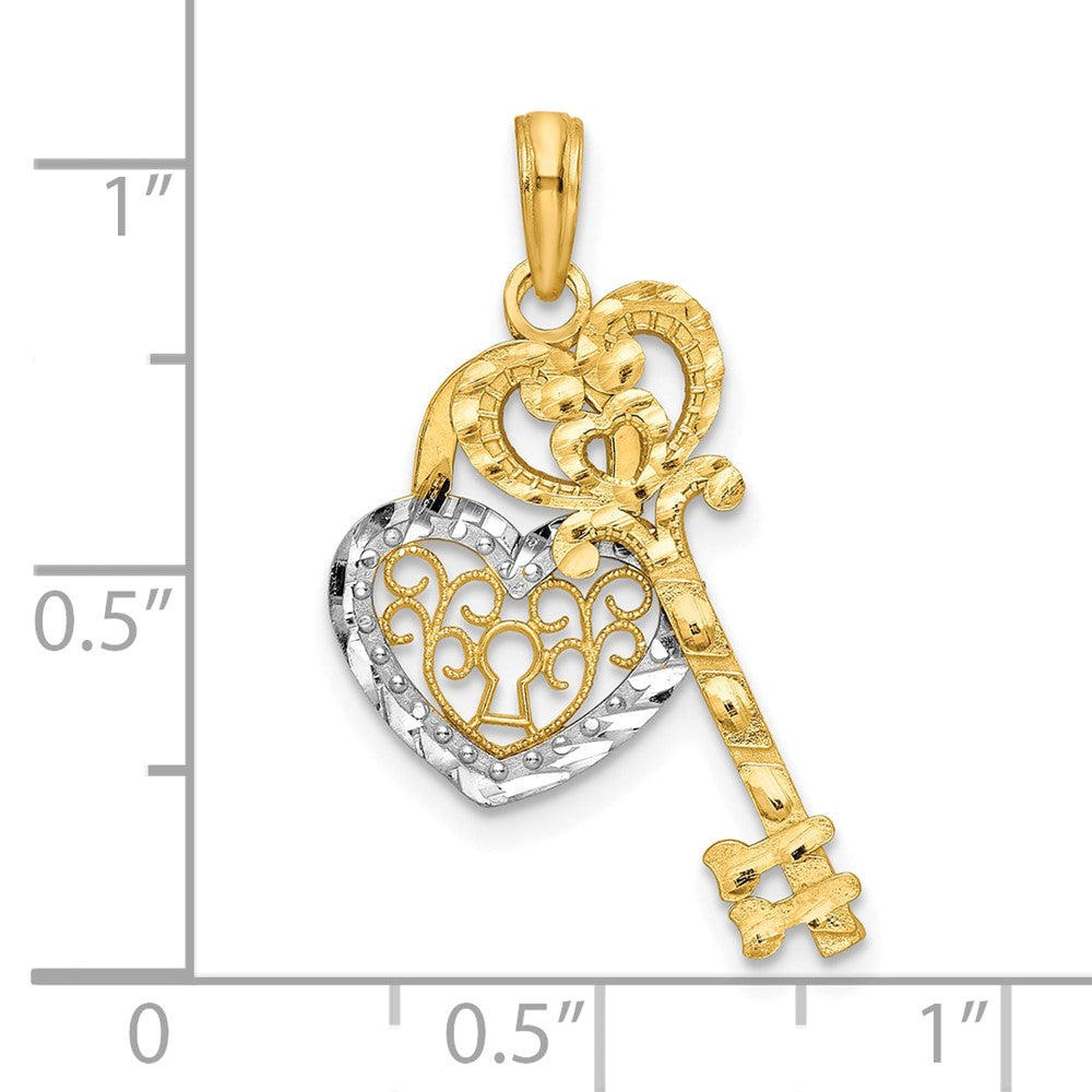 10K Gelb mit Rhodium & Filigran Herz Schloss und Key Anhänger
