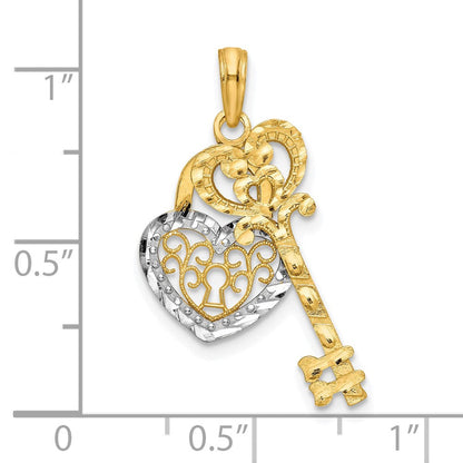 10K Gelb mit Rhodium & Filigran Herz Schloss und Key Anhänger