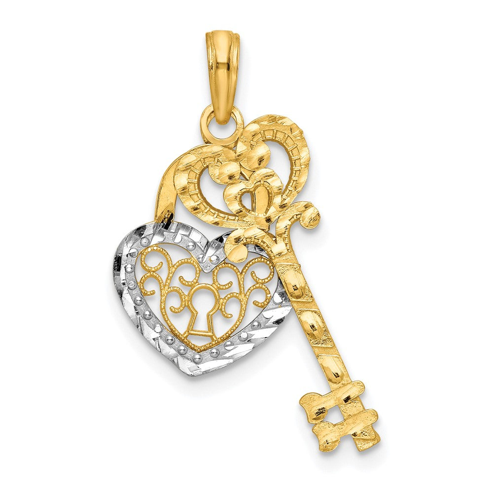 10K Gelb mit Rhodium & Filigran Herz Schloss und Key Anhänger