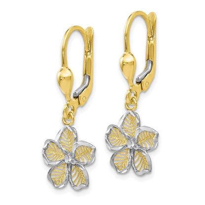 10K Gelb mit Rhodium Rhodiniert Poliert Diamantiert Filigran Blume Ohrhänger mit Brisur