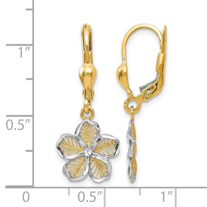 10K Gelb mit Rhodium Rhodiniert Poliert Diamantiert Filigran Blume Ohrhänger mit Brisur