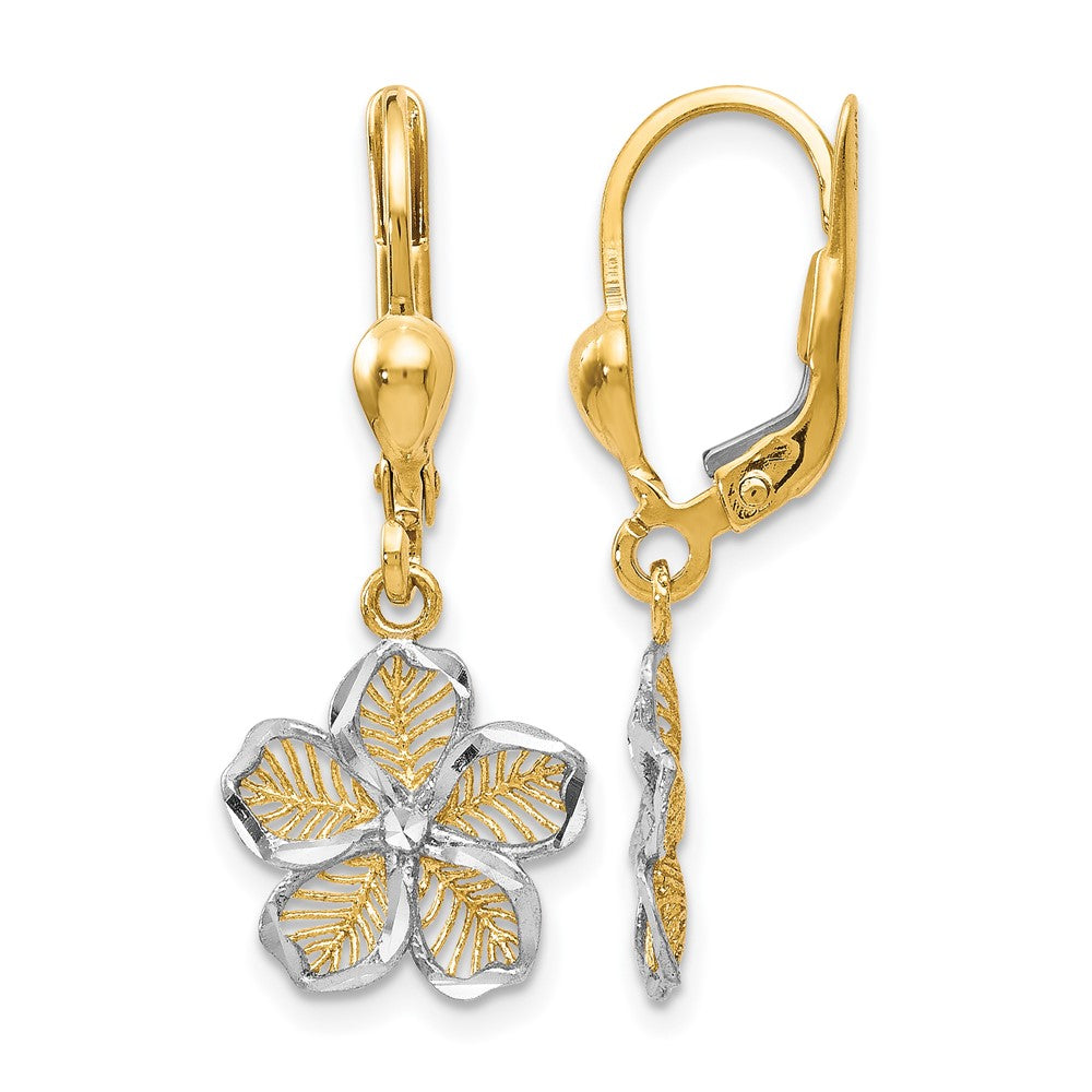10K Gelb mit Rhodium Rhodiniert Poliert Diamantiert Filigran Blume Ohrhänger mit Brisur