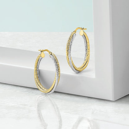 10K Gelb Rhodium mit Poliert Diamantiert Creolen