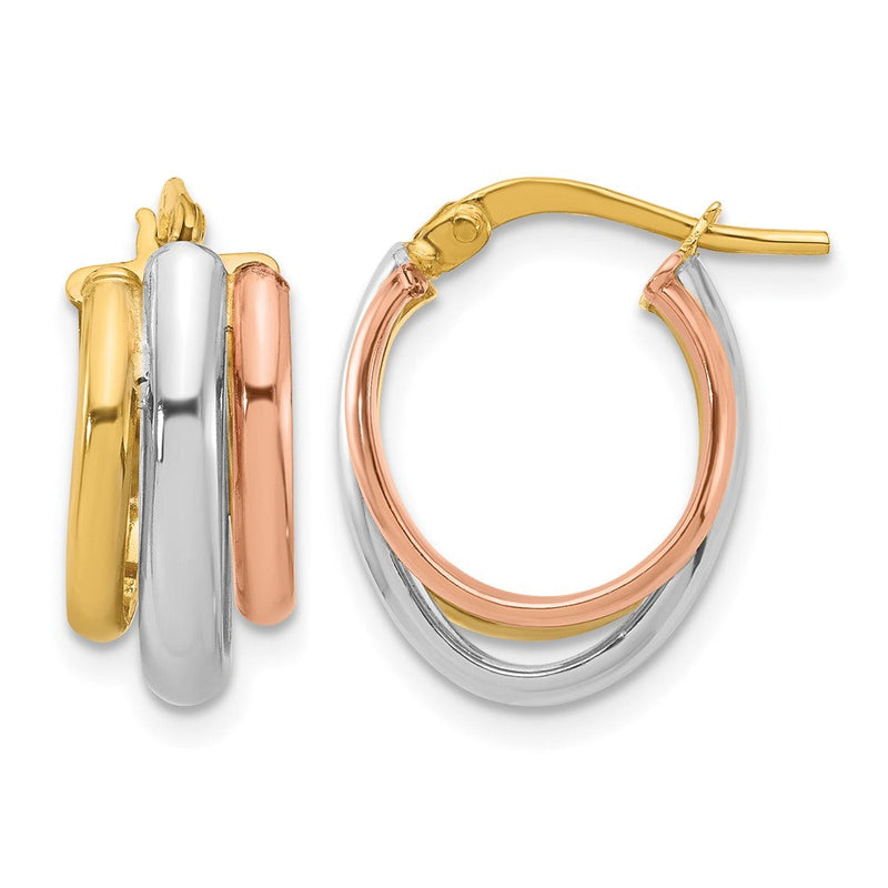 10K Gelb Rhodium mit Weiß und Roségold Beschichtung Poliert 3 Reihe Oval Creolen