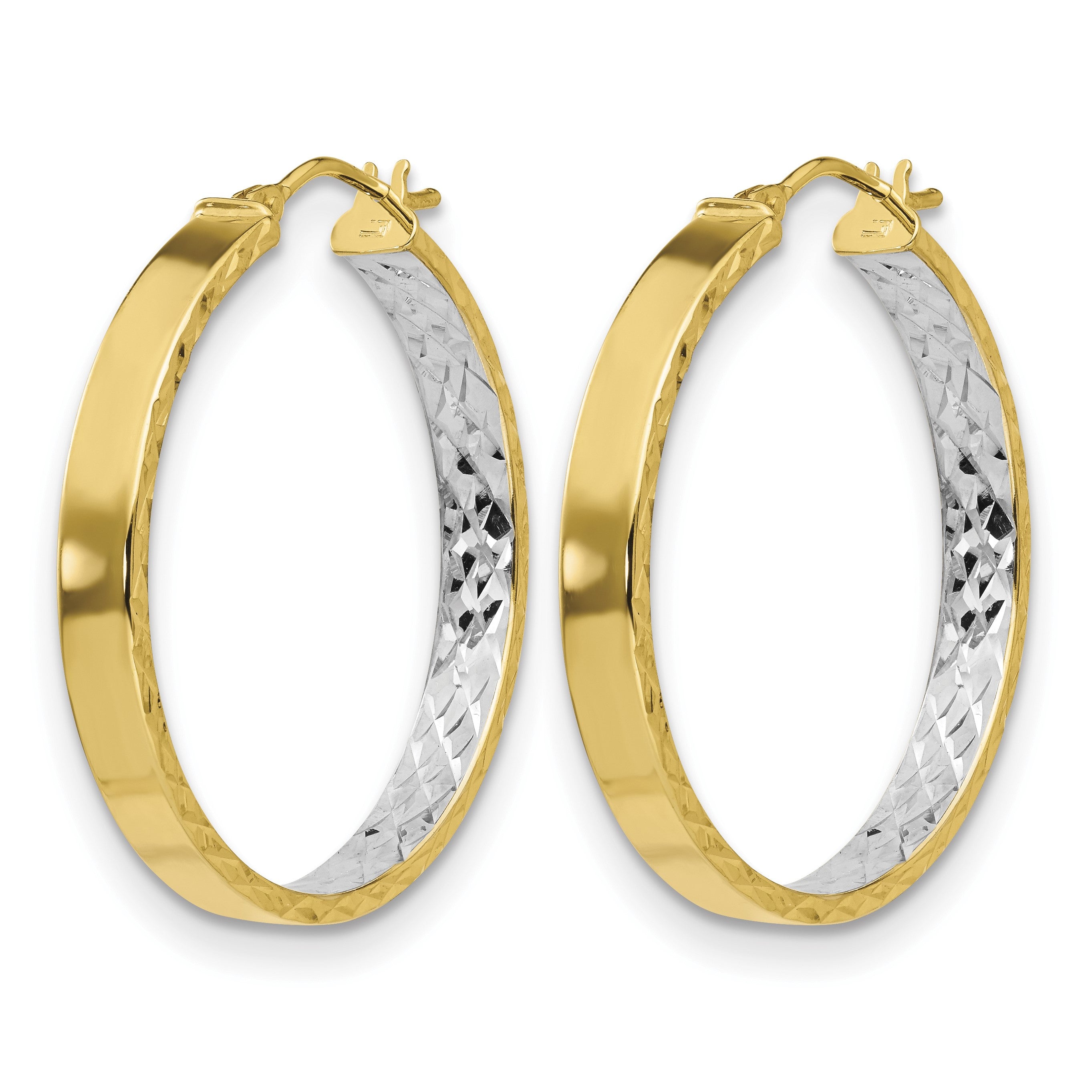 10K Gelb Rhodium mit Weiß Poliert und Diamantiert Creolen