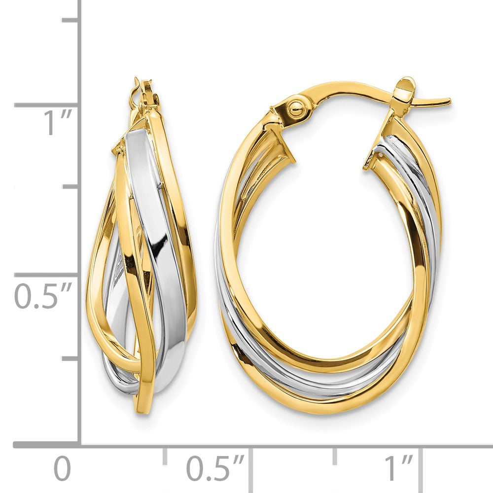 10K Gelb Rhodium mit Weiß Poliert Oval Creolen