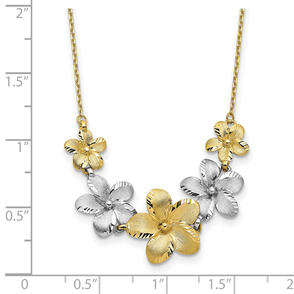 10K Bicolor Poliert und Gebürstet Diamantiert Blume Halskette