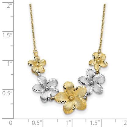 10K Bicolor Poliert und Gebürstet Diamantiert Blume Halskette