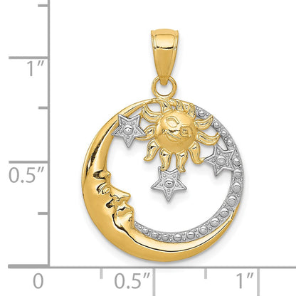 10K Gelb mit Rhodium und Rhodium Diamantiert Mond, Sterne, Sonne Anhänger