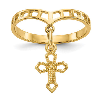 10K Gelbgold Poliert Kreuz Hängend Charm Ring