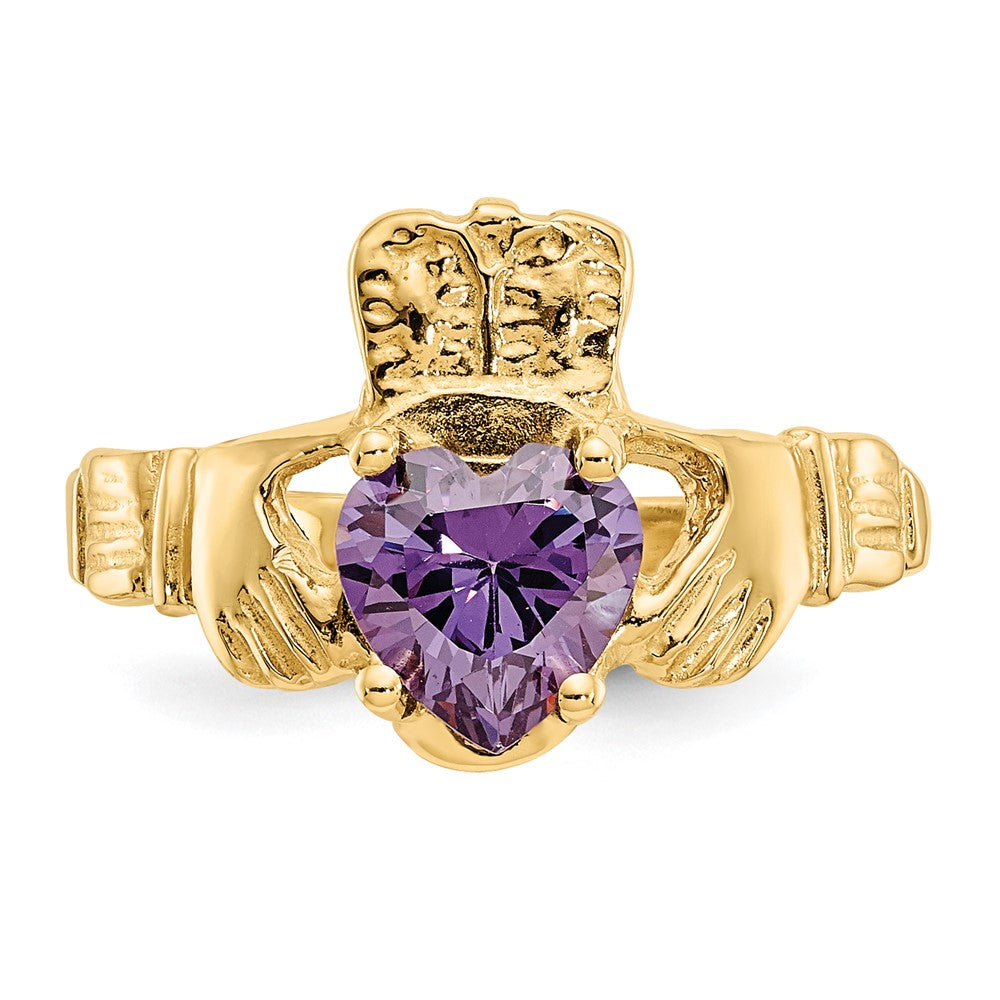 10K Gelbgold February Geburtsstein Claddagh Ring