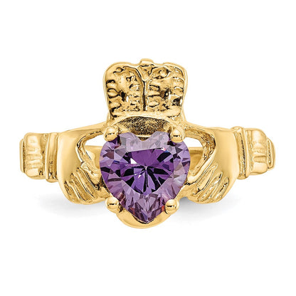 10K Gelbgold February Geburtsstein Claddagh Ring