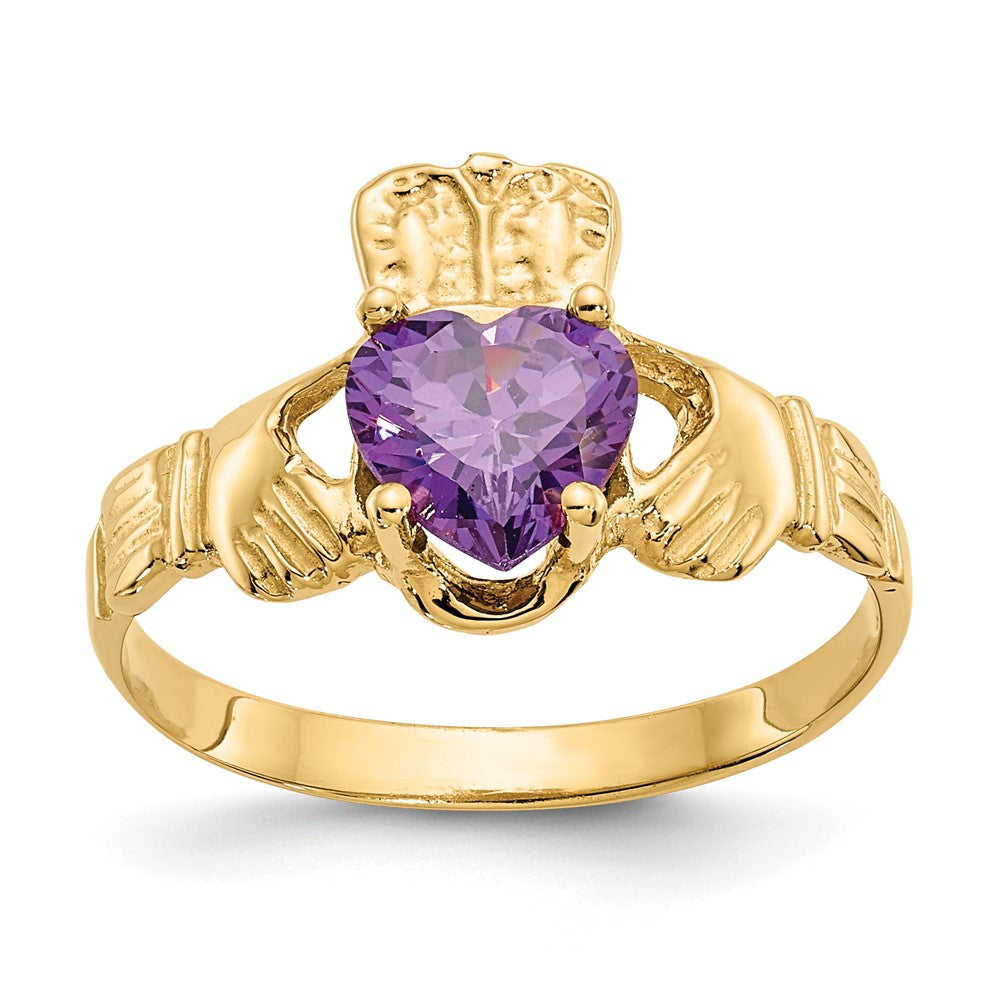 10K Gelbgold February Geburtsstein Claddagh Ring