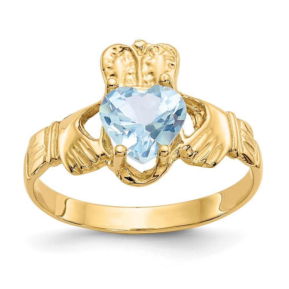 10K Gelbgold March Geburtsstein Claddagh Ring