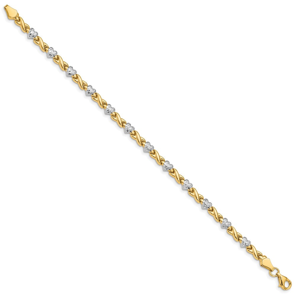 10K Gelb mit Rhodium Poliert Herz und X Armband