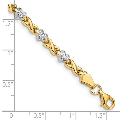 10K Gelb mit Rhodium Poliert Herz und X Armband