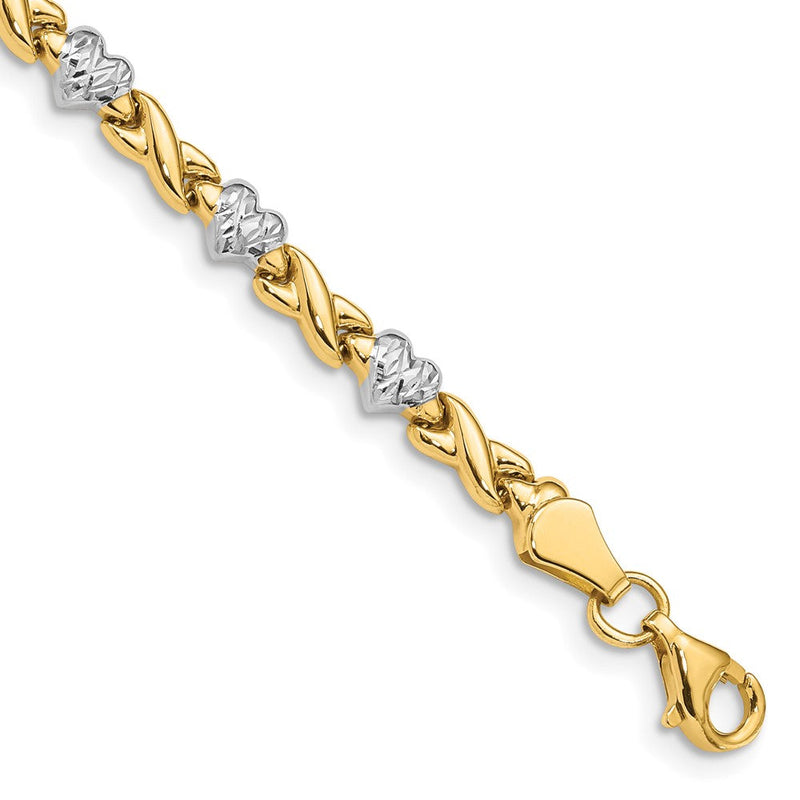 10K Gelb mit Rhodium Poliert Herz und X Armband