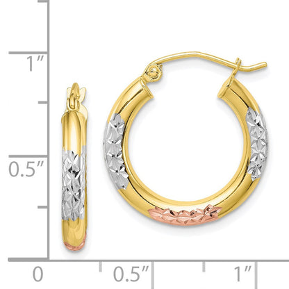 10K Gelb mit Rhodium Weiß & Rose Rhodium Diamantiert 3x20mm Creolen