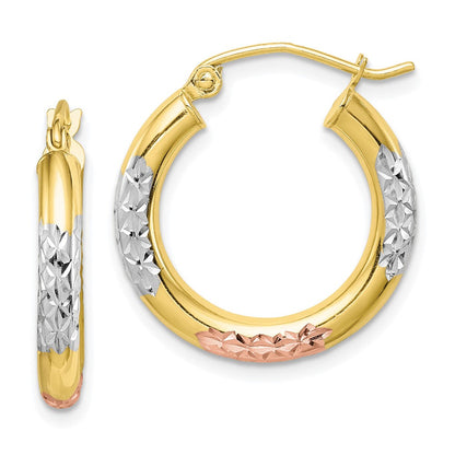 10K Gelb mit Rhodium Weiß & Rose Rhodium Diamantiert 3x20mm Creolen