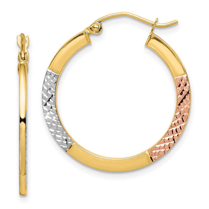 10K Gelb mit Rhodium Weiß & Rose Rhodium Diamantiert 2.5x25mm Creolen