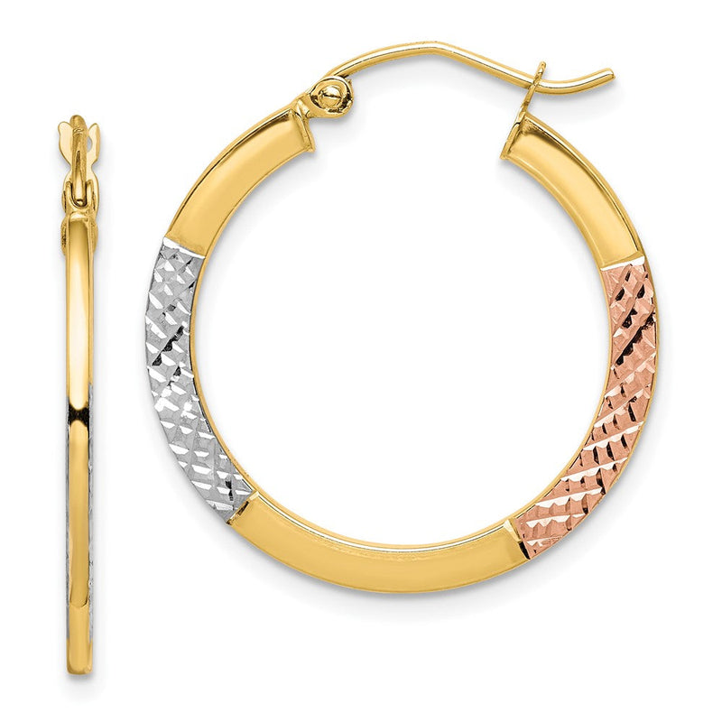 10K Gelb mit Rhodium Weiß & Rose Rhodium Diamantiert 2.5x25mm Creolen