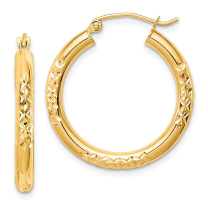 10K Gelbgold Diamantiert 3x25mm Hohl Röhre Creolen