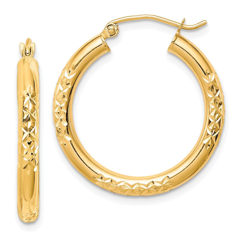 10K Gelbgold Diamantiert 3x25mm Hohl Röhre Creolen