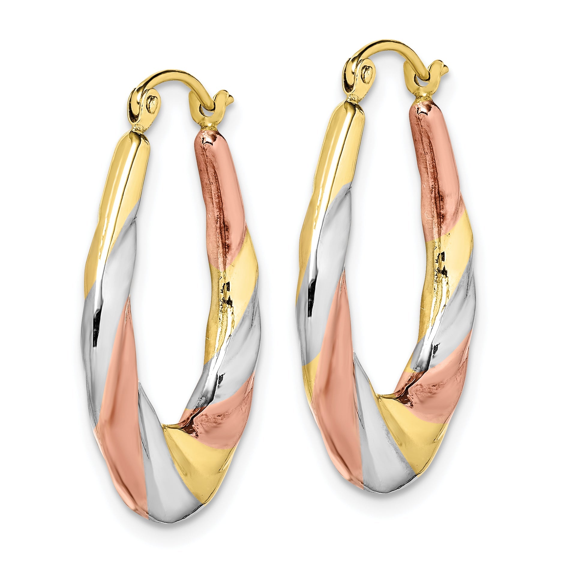 10K Gelb mit Rhodium und Rhodium Oval Gewellt Hohl Creolen