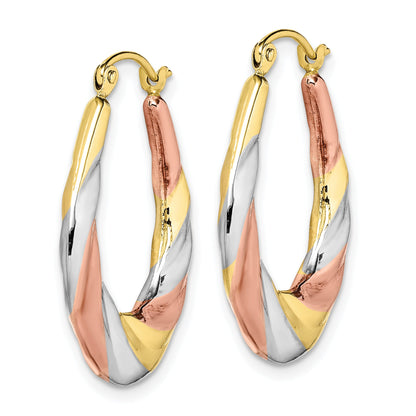 10K Gelb mit Rhodium und Rhodium Oval Gewellt Hohl Creolen