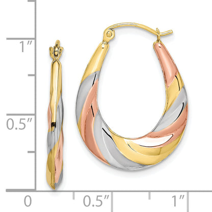 10K Gelb mit Rhodium und Rhodium Oval Gewellt Hohl Creolen