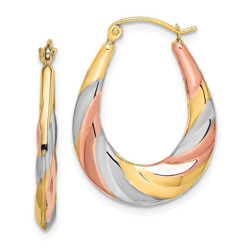 10K Gelb mit Rhodium und Rhodium Oval Gewellt Hohl Creolen