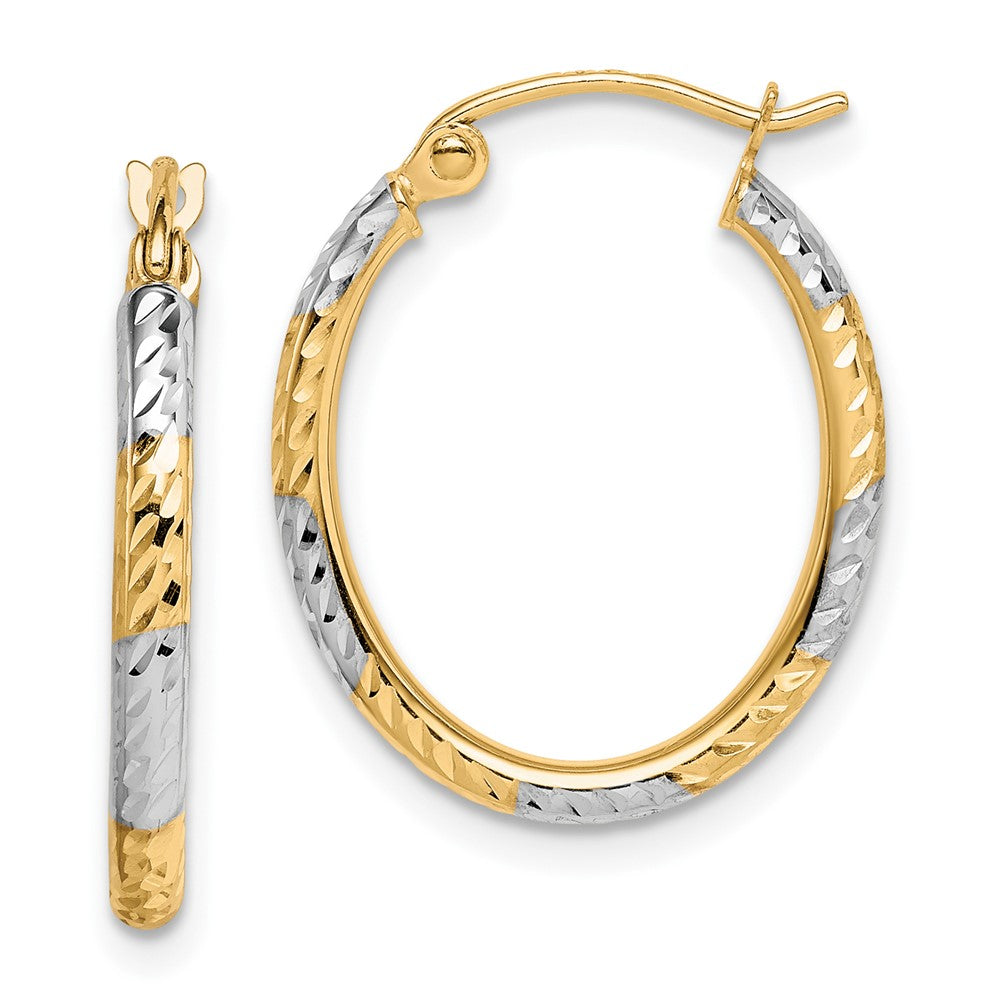 10K Gelb mit Rhodium & Rhodium Diamantiert Gemustert Oval Creolen