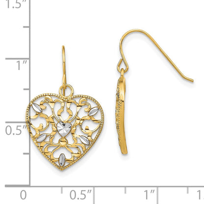 10K Gelb mit Rhodium mit Rhodiniert Filigran Ausgeschnitten Herz Draht Ohrringe