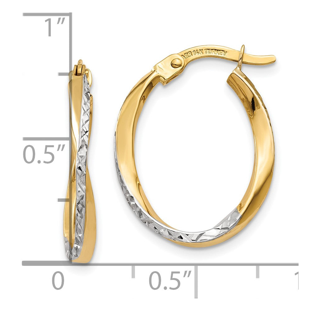 10K Gelb mit Rhodium mit Weiß Rhodium Strukturiert und Poliert Oval Creolen