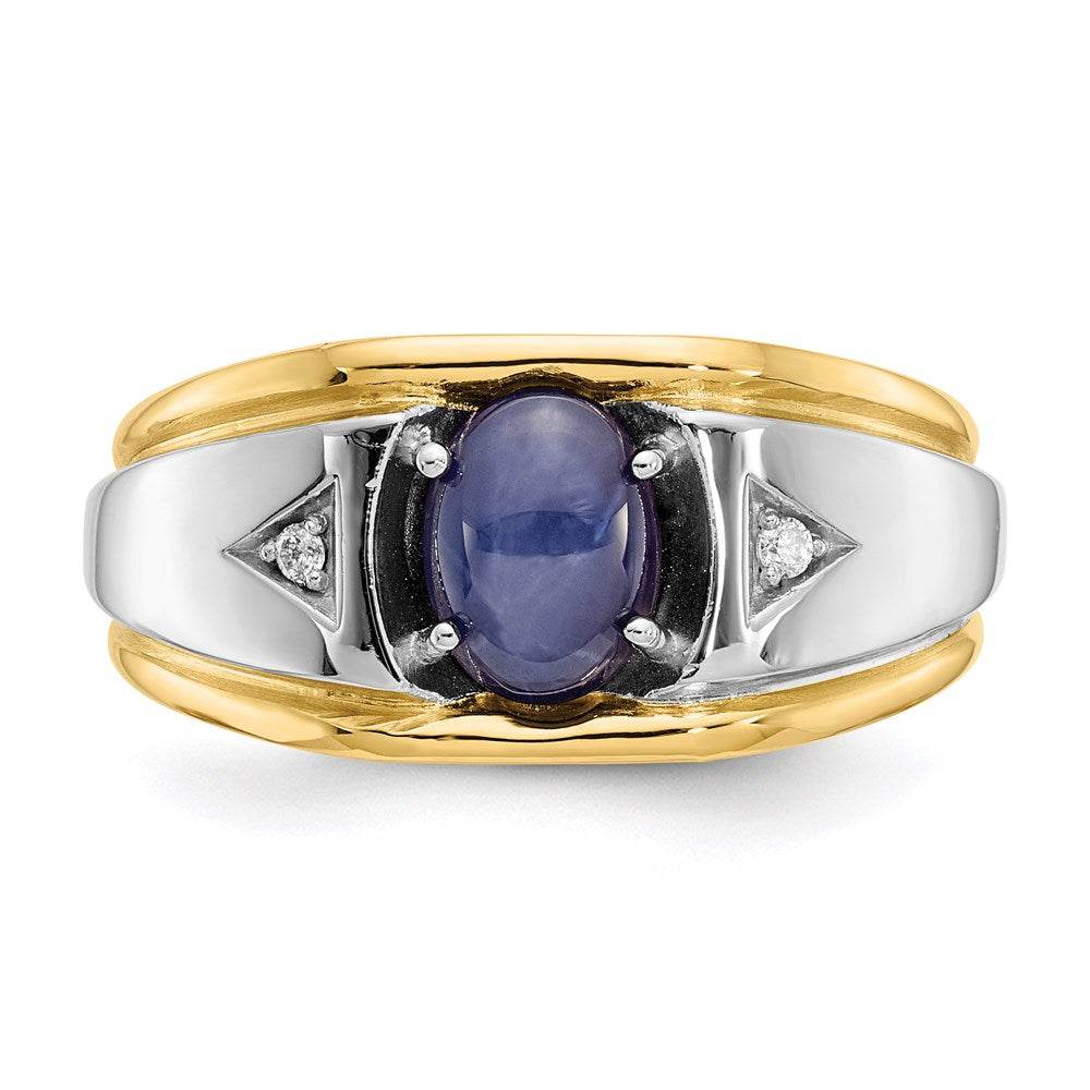 10K Gelbgold & Rhodium Herrenring mit blauem Stern & 0,01 ct. echtem Diamant