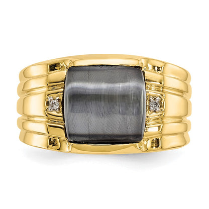10K Gelbgold Herrenring mit Katzenauge (grau) & 0,01 ct. echtem Diamant