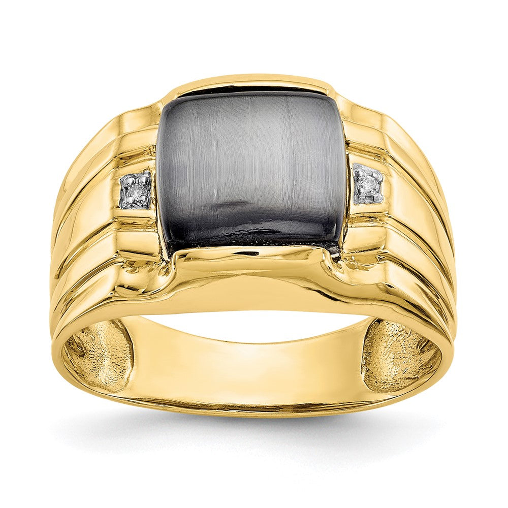 10K Gelbgold Herrenring mit Katzenauge (grau) & 0,01 ct. echtem Diamant