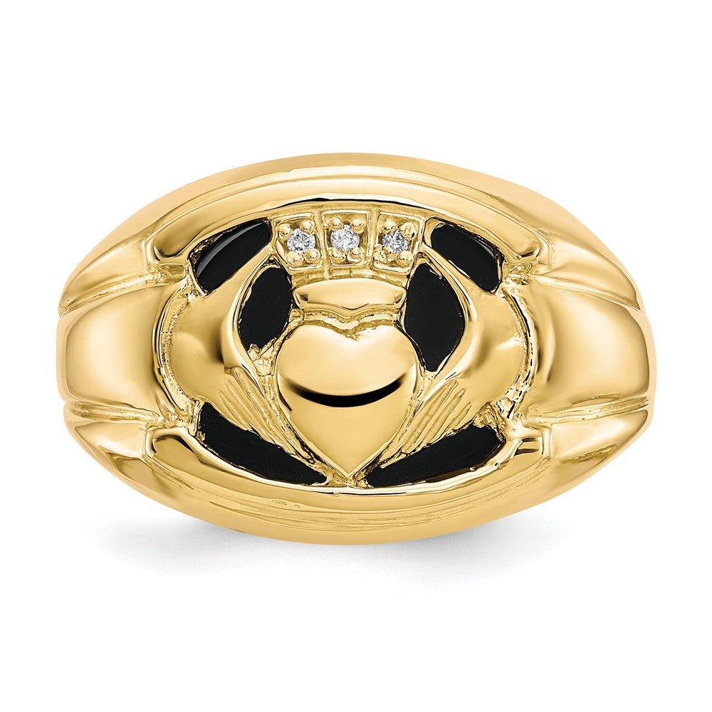 14K Gelbgold Herren Diamant und Schwarz Onyx Claddagh Ring